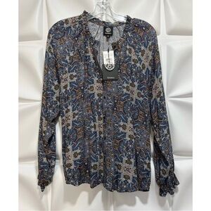 Bobeau Womens Sz M Blue Floral Tapestry Print Peasant Blouse Top NEW